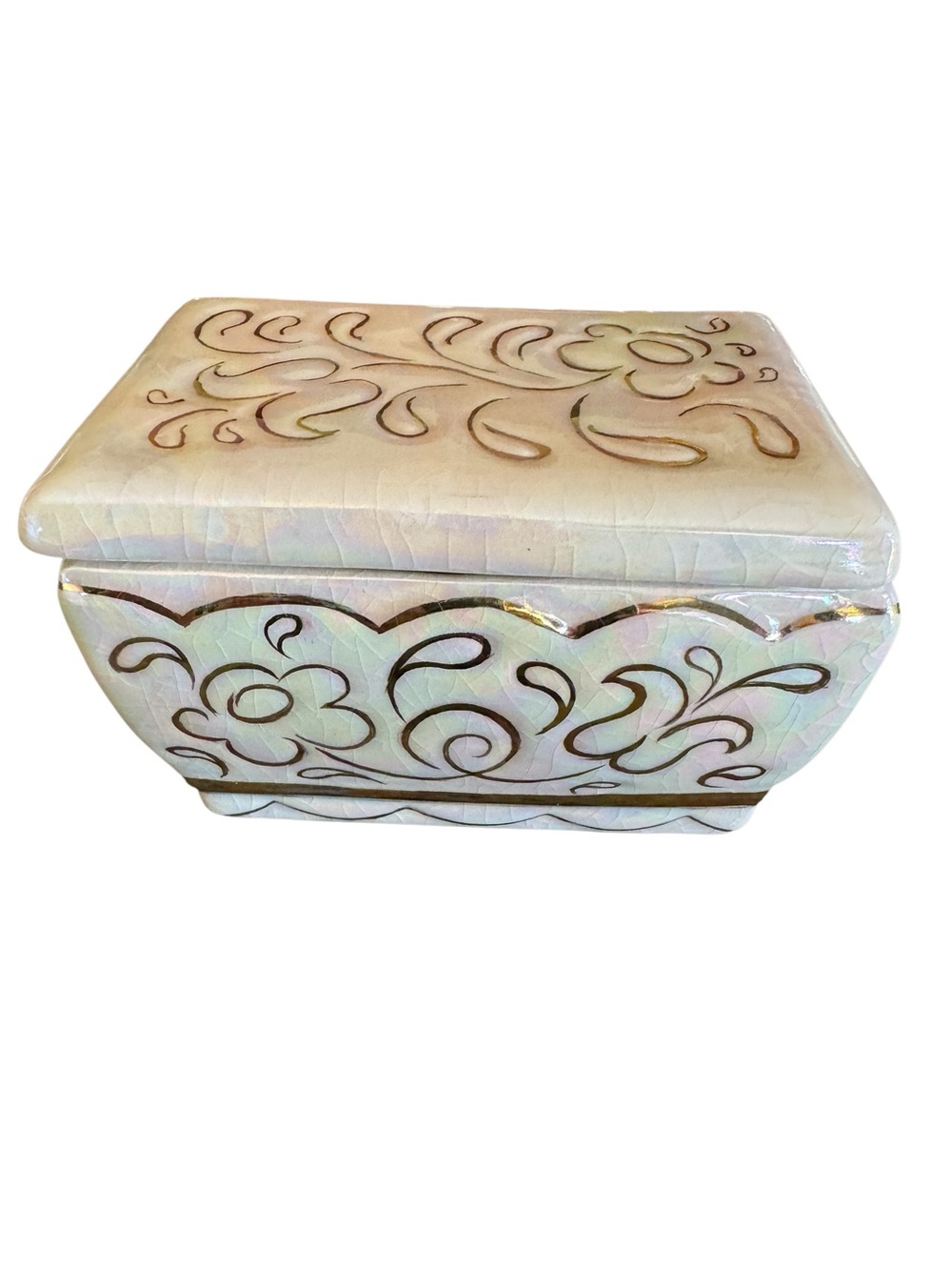 Vintage 1955 Signed Studio Pottery Lidded Trinket Box Iridescent Crackle Glaze